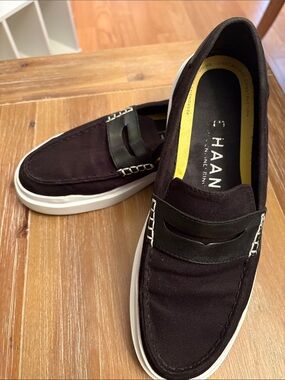Cole Haan Black Canvas Slip-On Loafers with White Sole